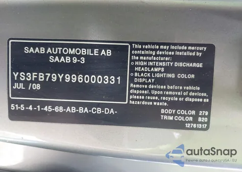 2009 Saab 9-3 2.0T from USA, damaged, VIN YS3FB79Y996000331